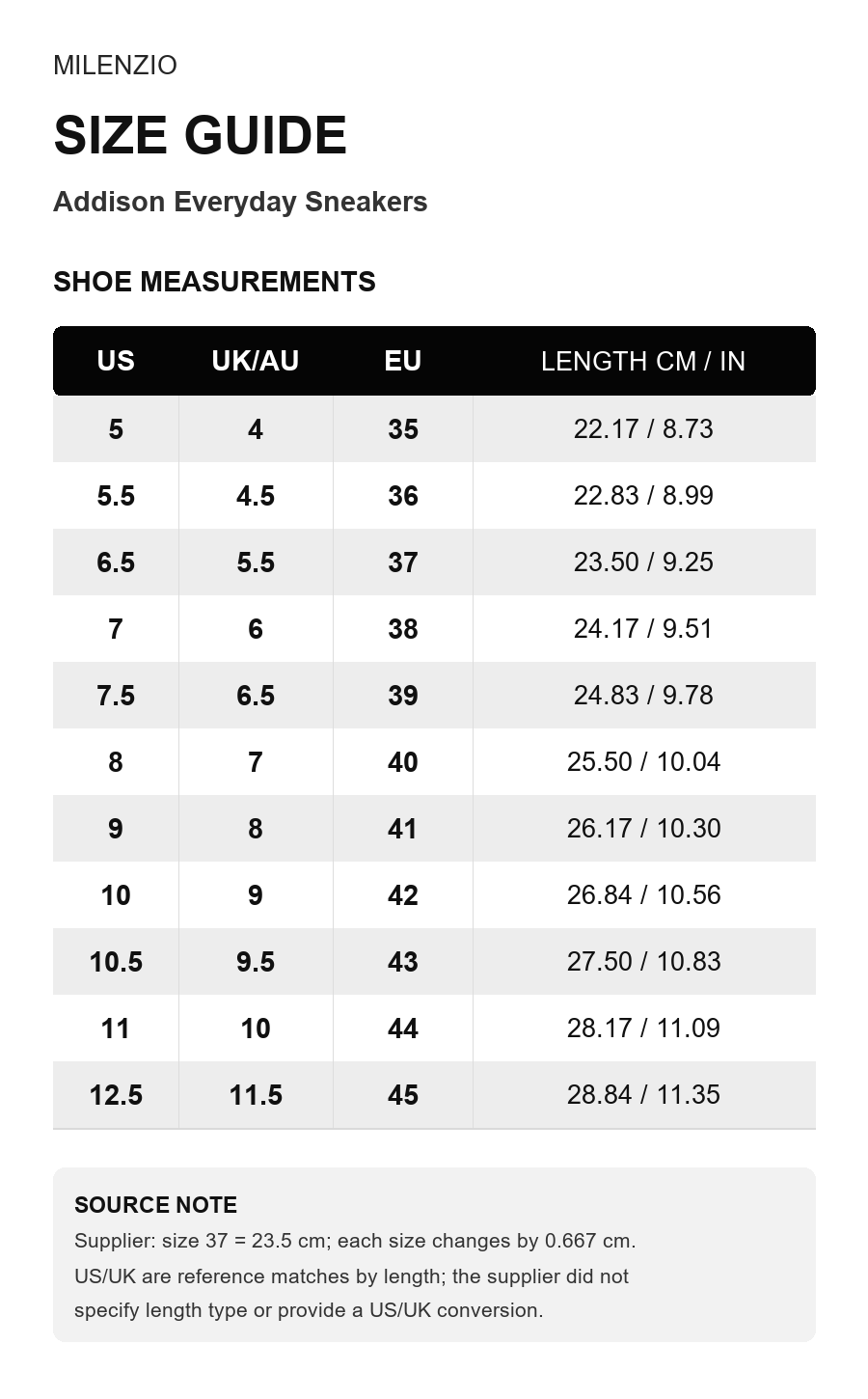 Addison size guide - separate from product gallery