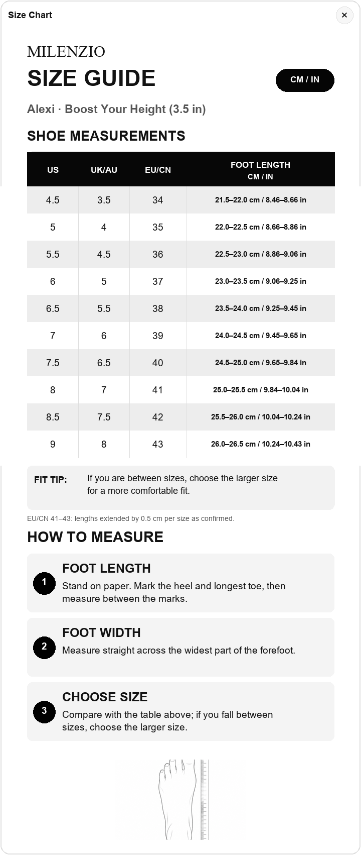Alexi US, UK, EU/CN and foot length size chart