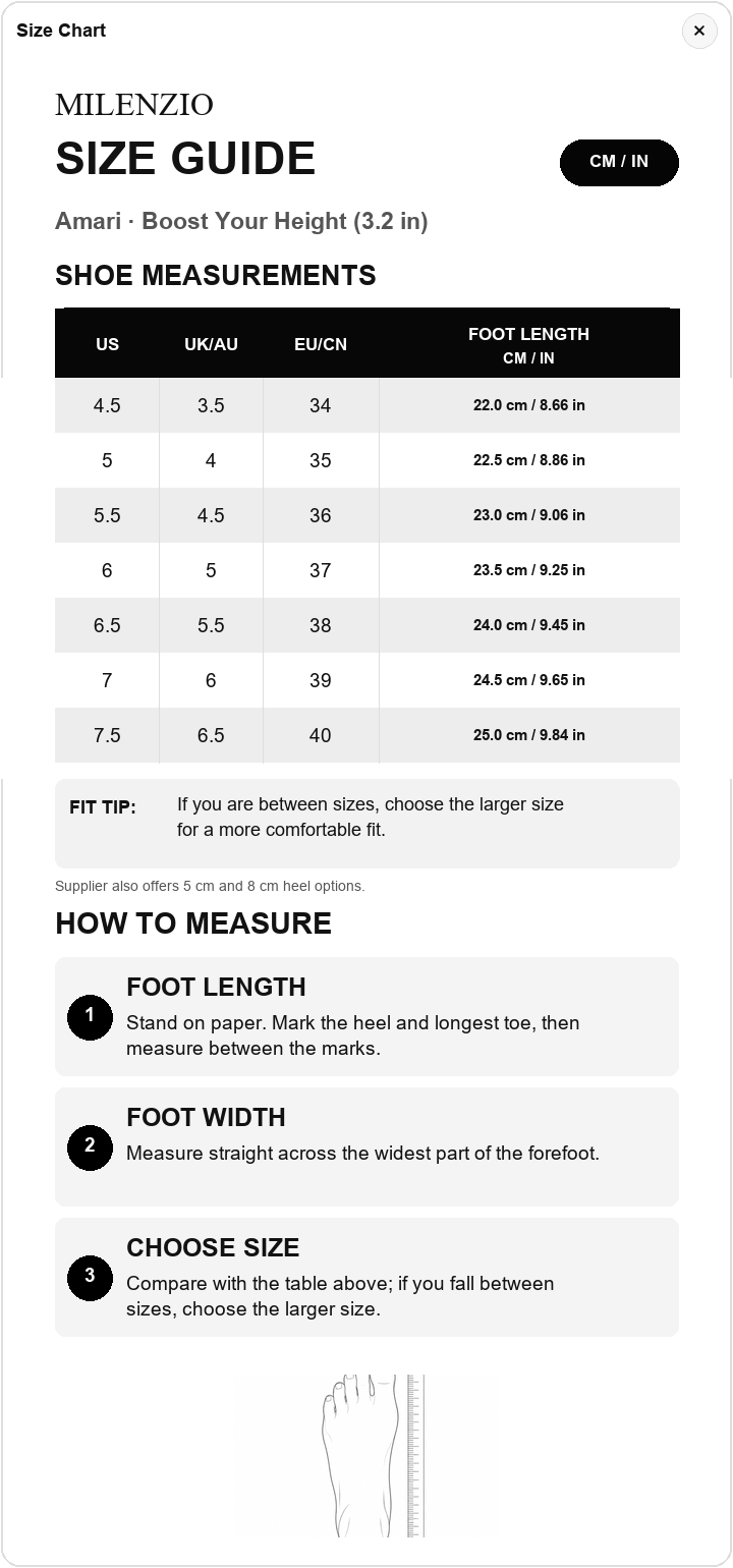 Amari US, UK, EU/CN and foot length size chart