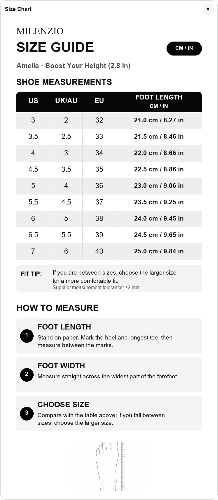 Amelia shoe size guide: US 3–7, EU 32–40, foot length 21–25 cm