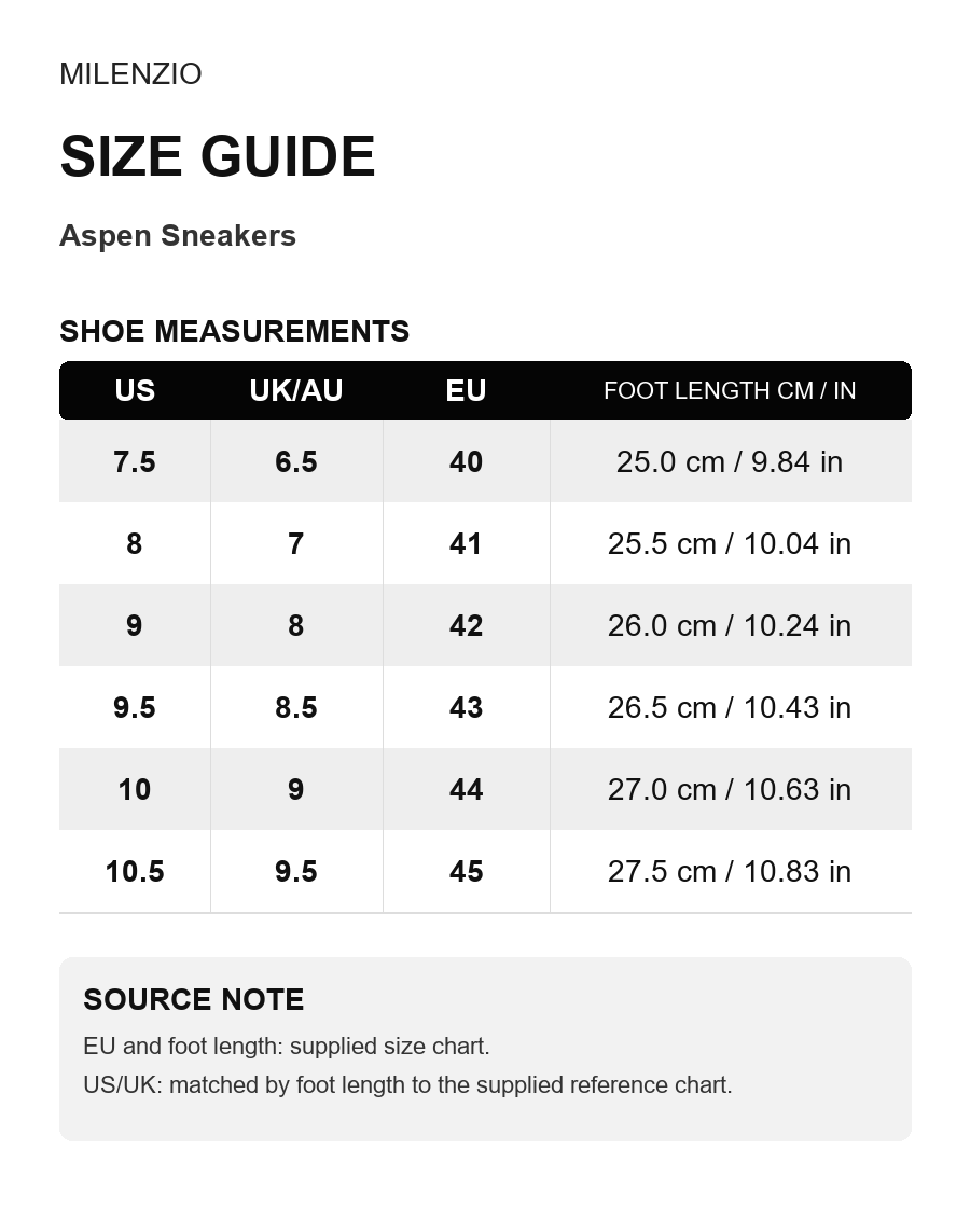 Aspen size guide - separate from product gallery