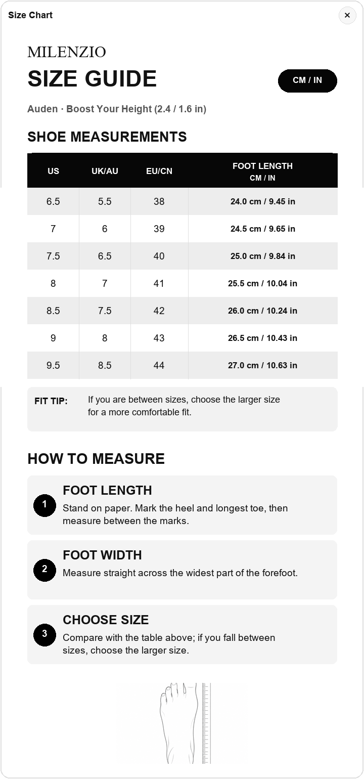 Auden US, UK, EU/CN and foot length size chart