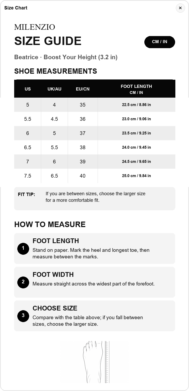 Beatrice US, UK, EU/CN and foot length size chart