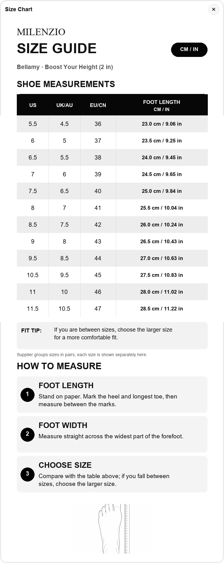 Bellamy US, UK, EU/CN and foot length size chart