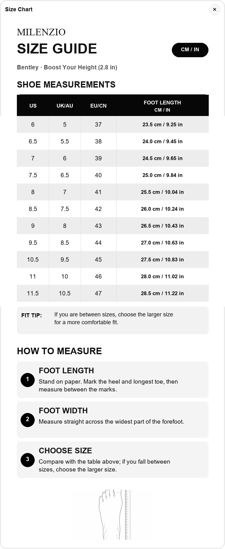 Bentley US, UK, EU/CN and foot length size chart
