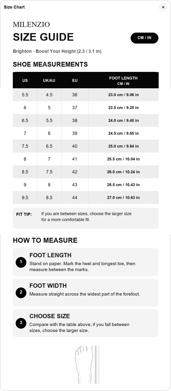 Brighton US, UK, EU and foot length size chart