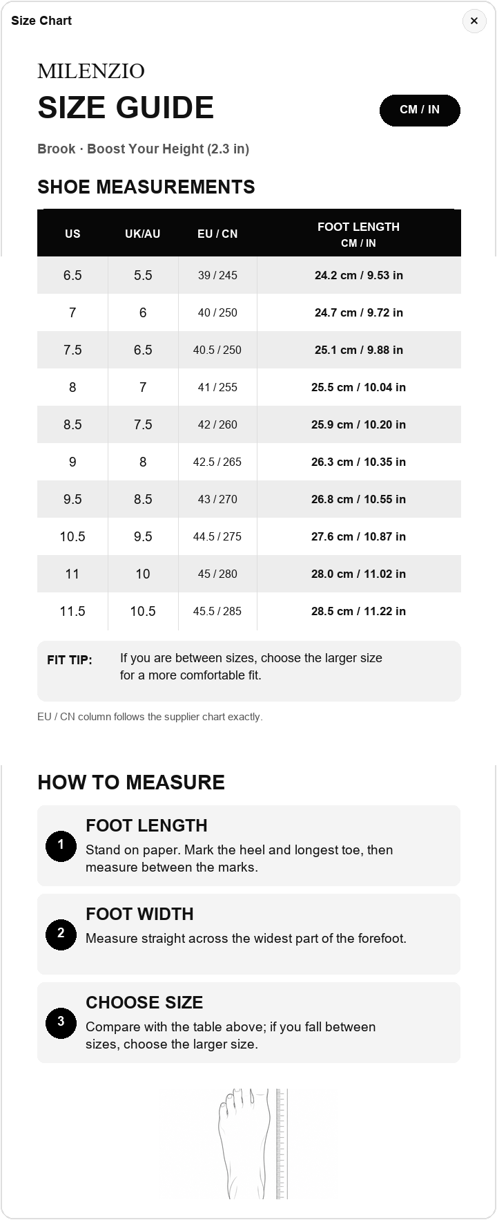 Brook US, UK, EU and foot length size chart