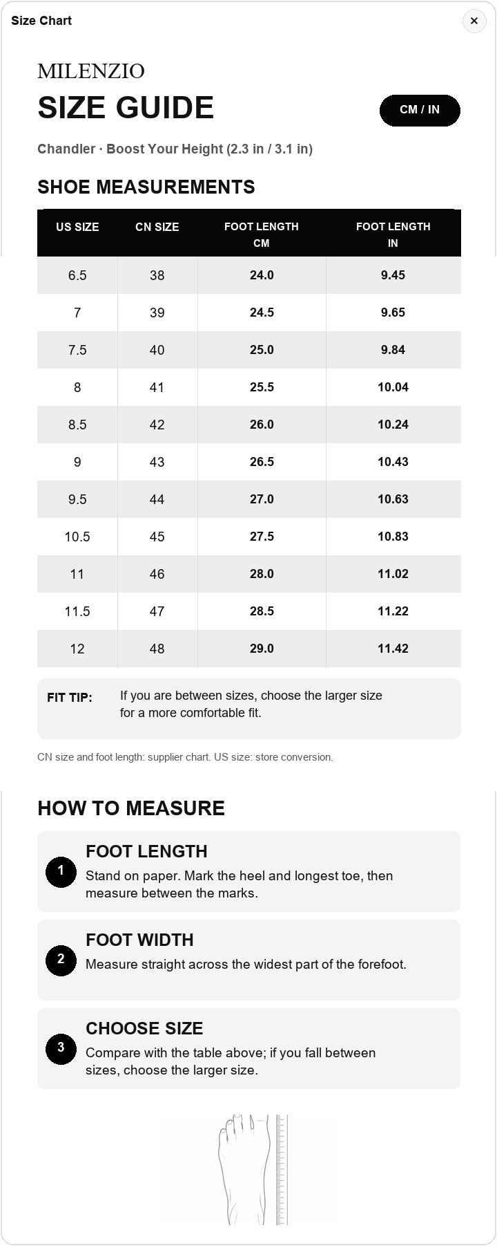 Chandler US size, CN size, and foot length chart