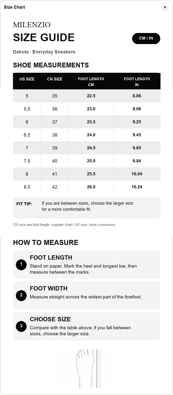 Dakota US size, CN size, and foot length chart