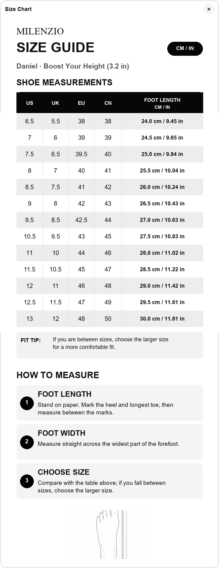 Daniel US, UK, EU and foot length size chart