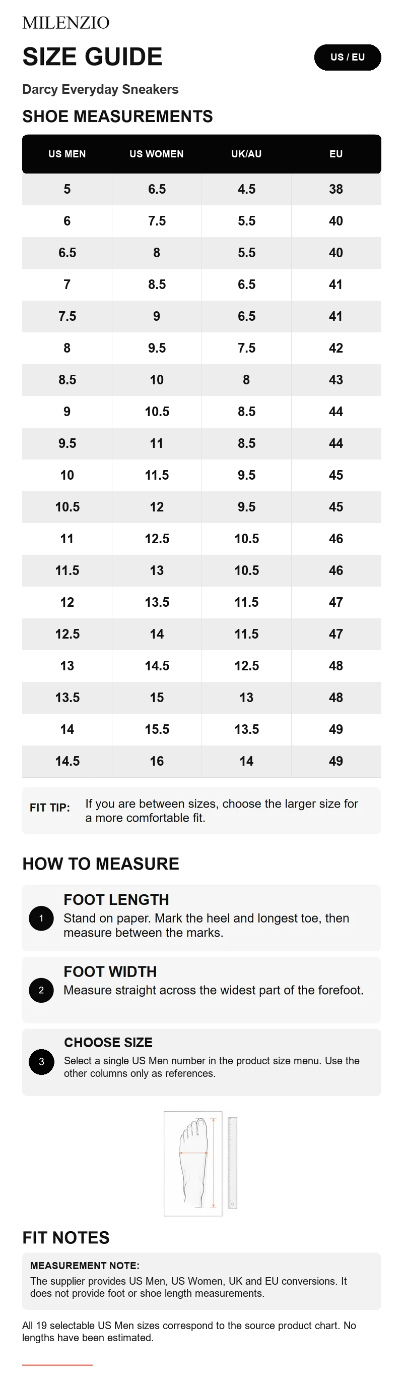 Darcy size guide: US Men, US Women, UK and EU; independent file