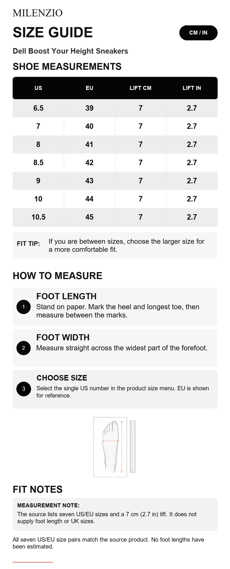 Dell size guide - US EU and 7 cm lift; separate from product gallery