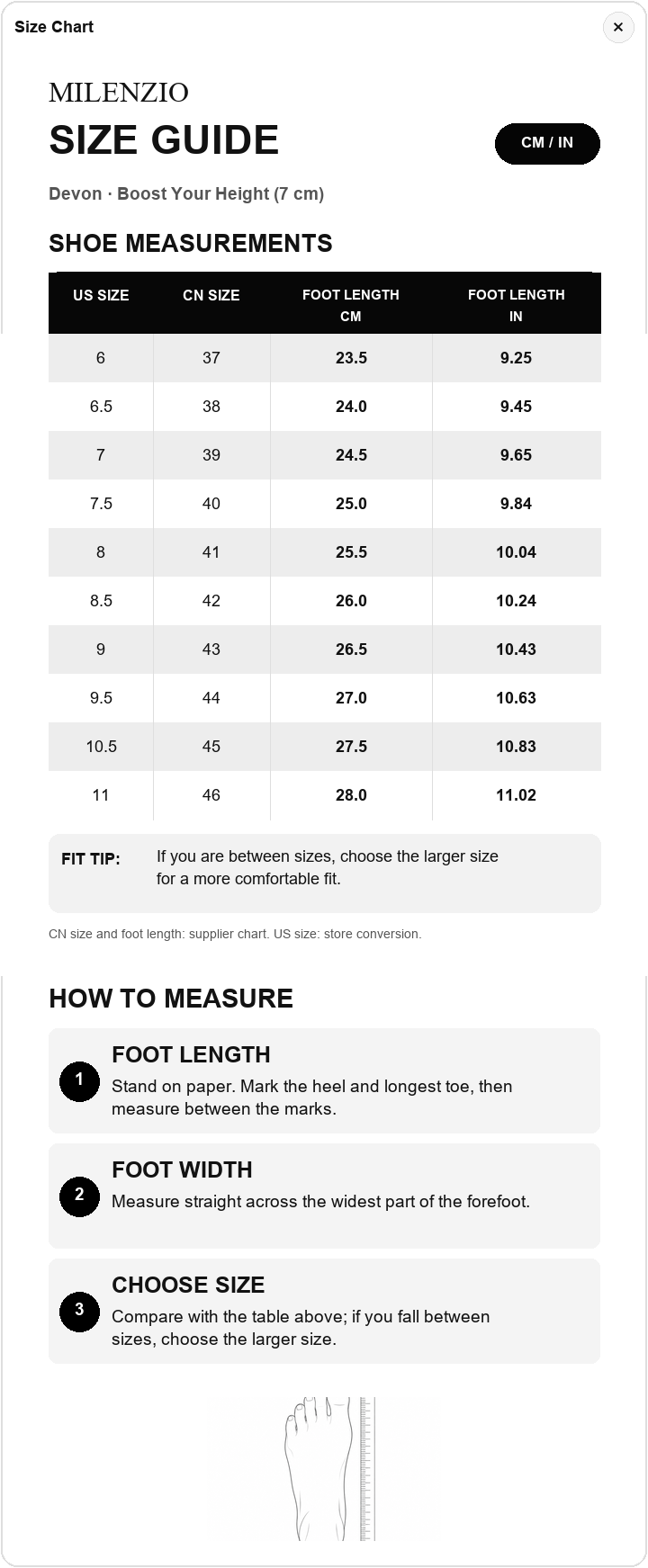Devon US size and foot length chart
