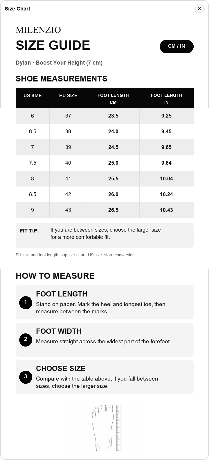 Dylan US size and foot length chart