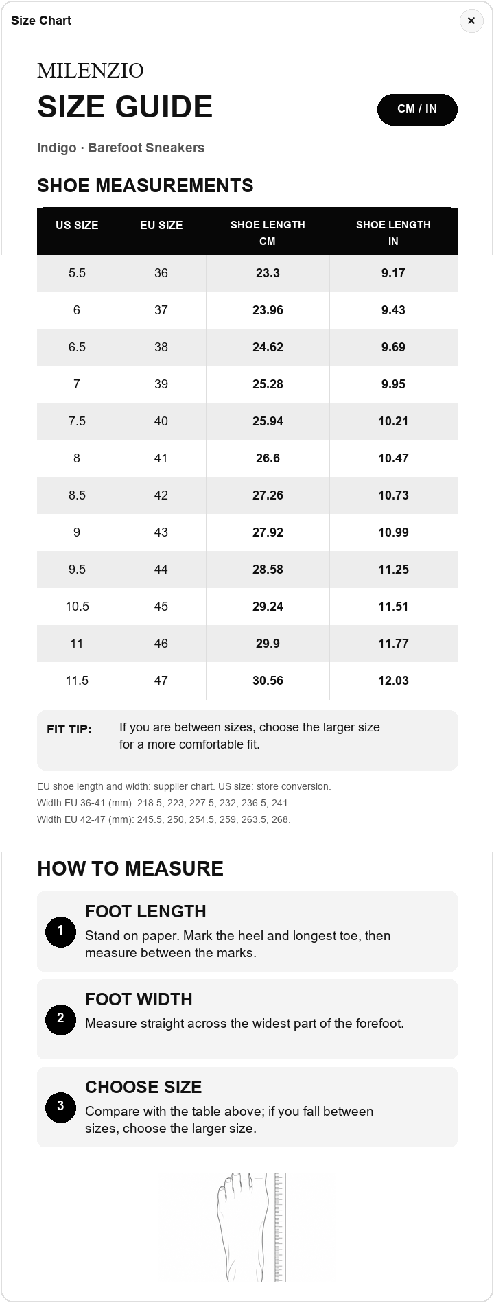 Indigo US size and foot length chart