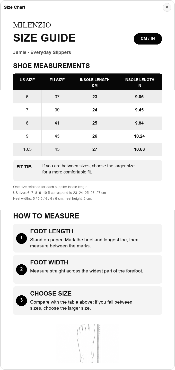 Jamie five unique US sizes and insole lengths chart