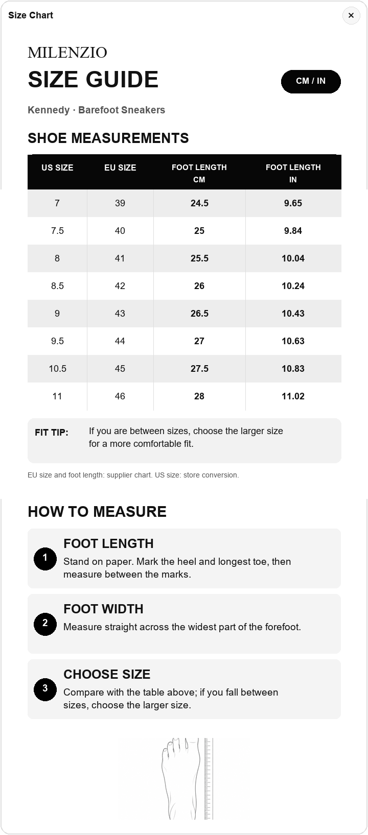 Kennedy US size and foot length chart