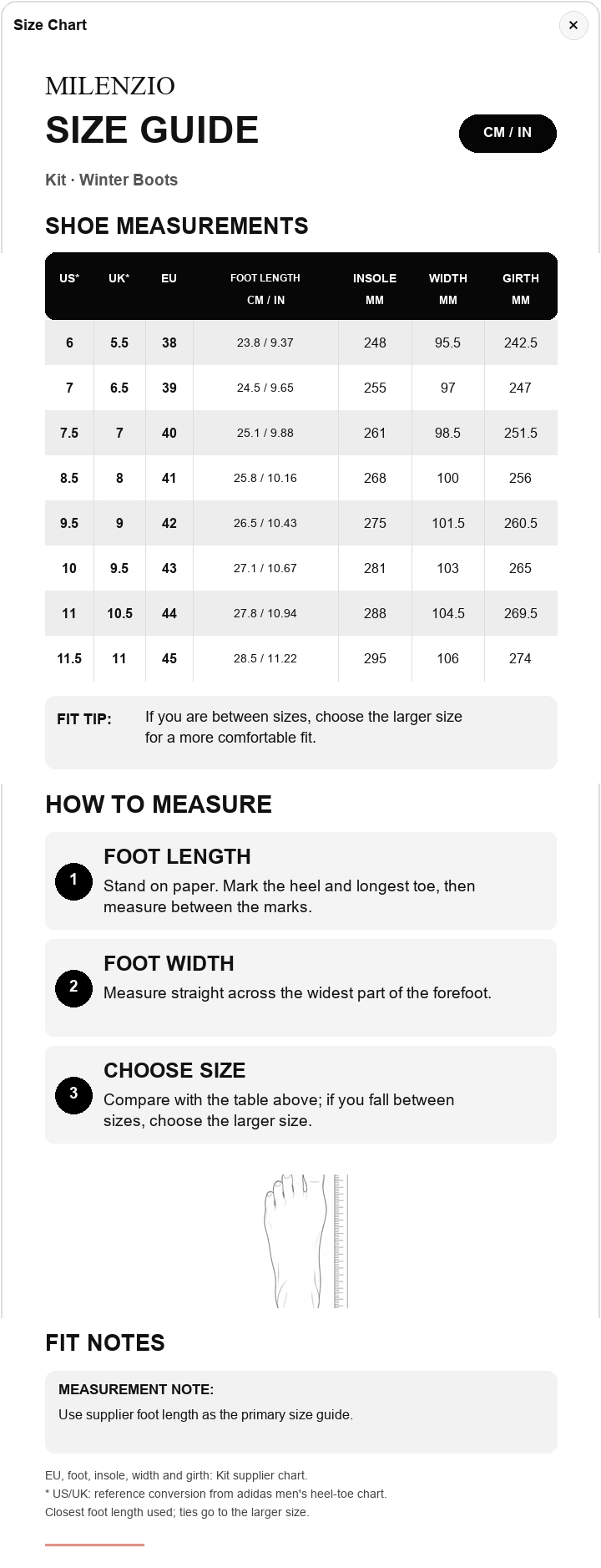 Kit supplier measurements with adidas men US and UK foot-length reference conversion