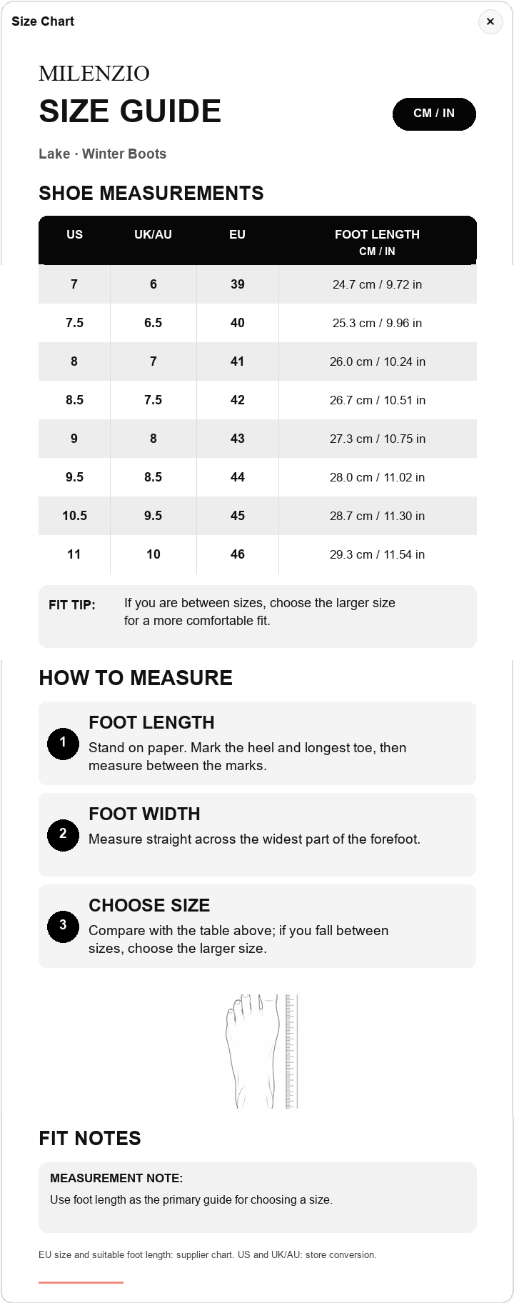 Lake single-table US, UK/AU, EU and foot length size guide