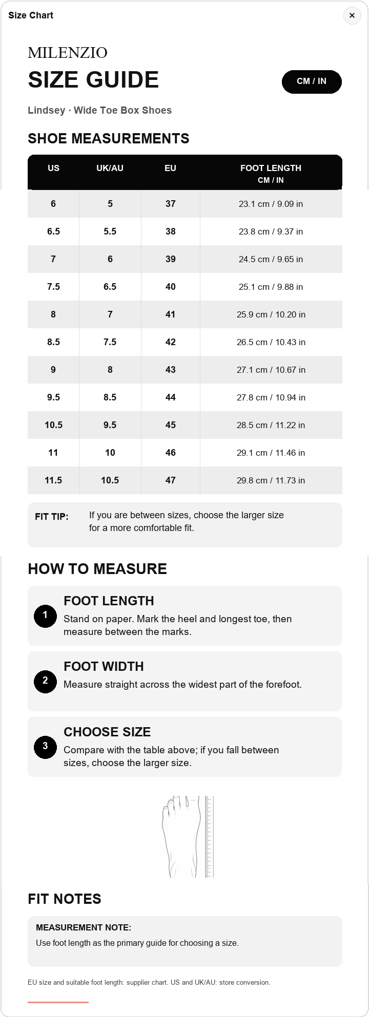 Lindsey single-table US, UK/AU, EU and foot length size guide