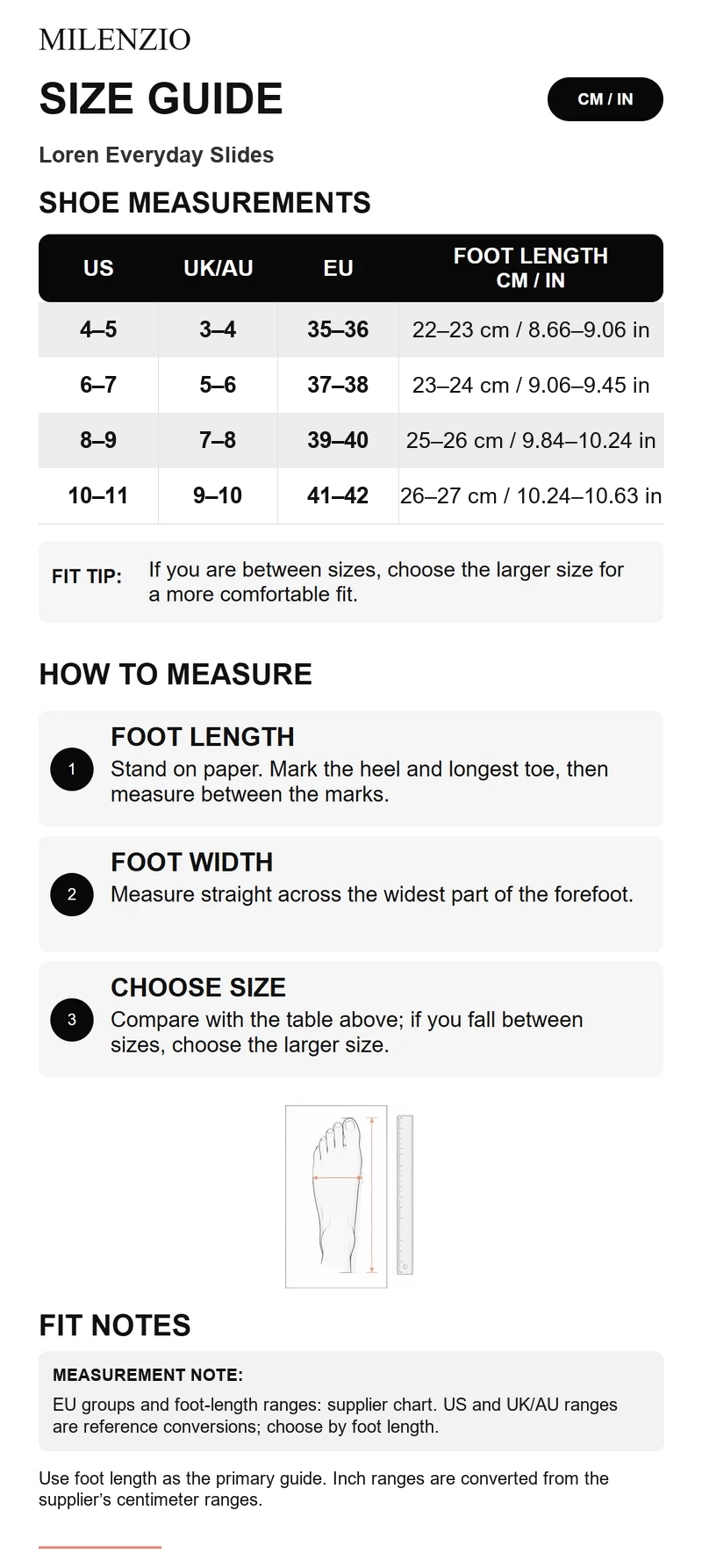 Loren size guide with UK/AU reference sizes