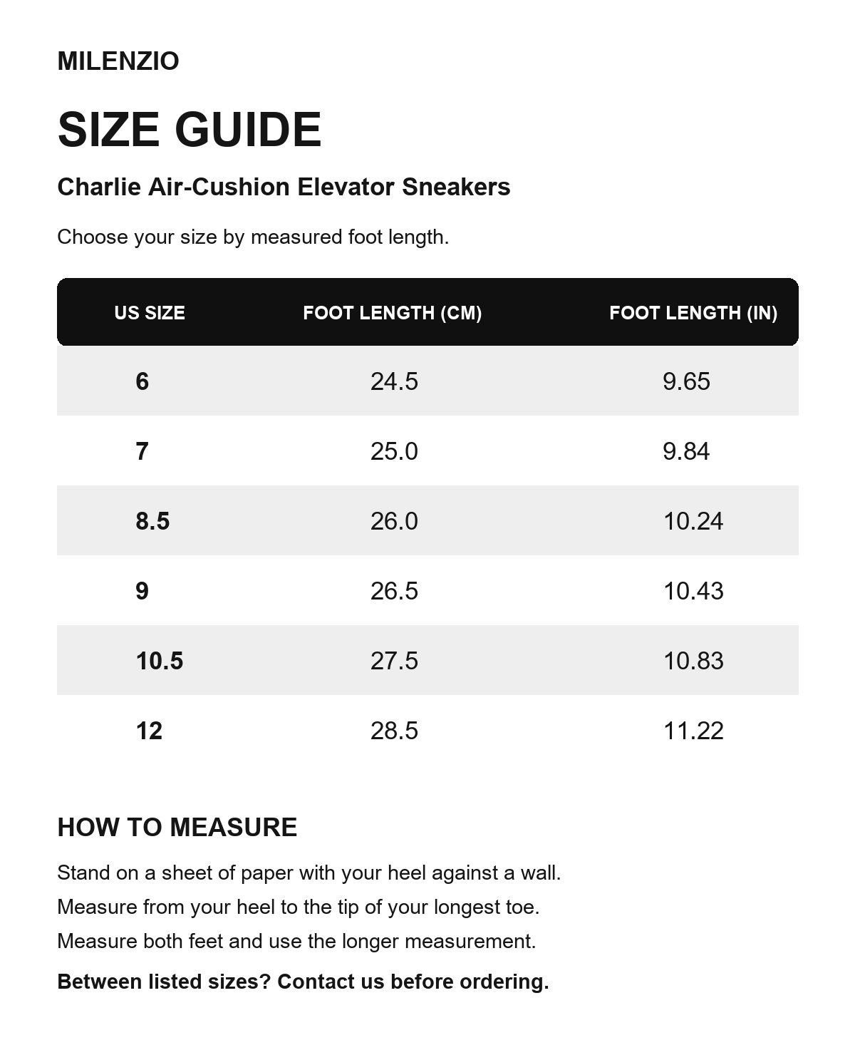 Milenzio Charlie size guide: US 6, 7, 8.5, 9, 10.5, 12 with foot length in cm and inches