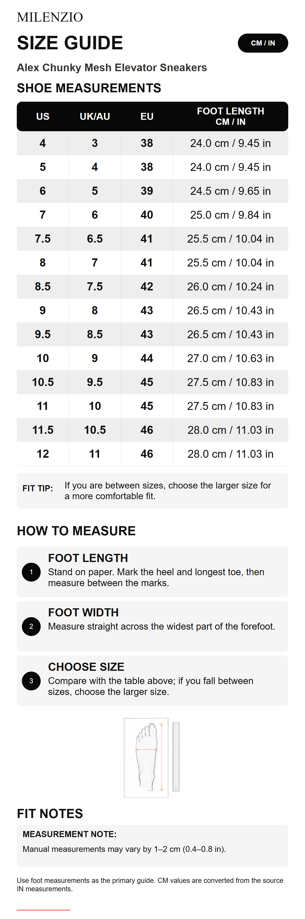 Milenzio Alex size guide: US, UK/AU, EU and foot length in cm and inches