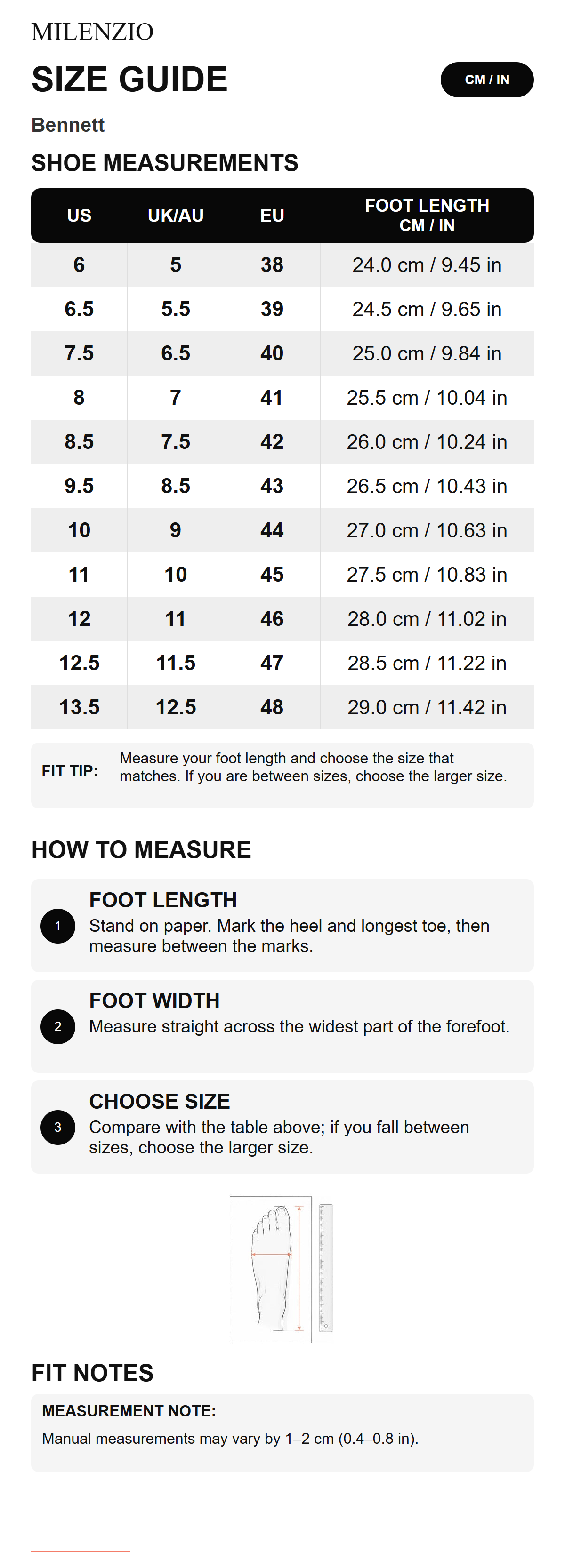 Milenzio Bennett size guide: US, UK, AU, EU and foot length in cm and inches