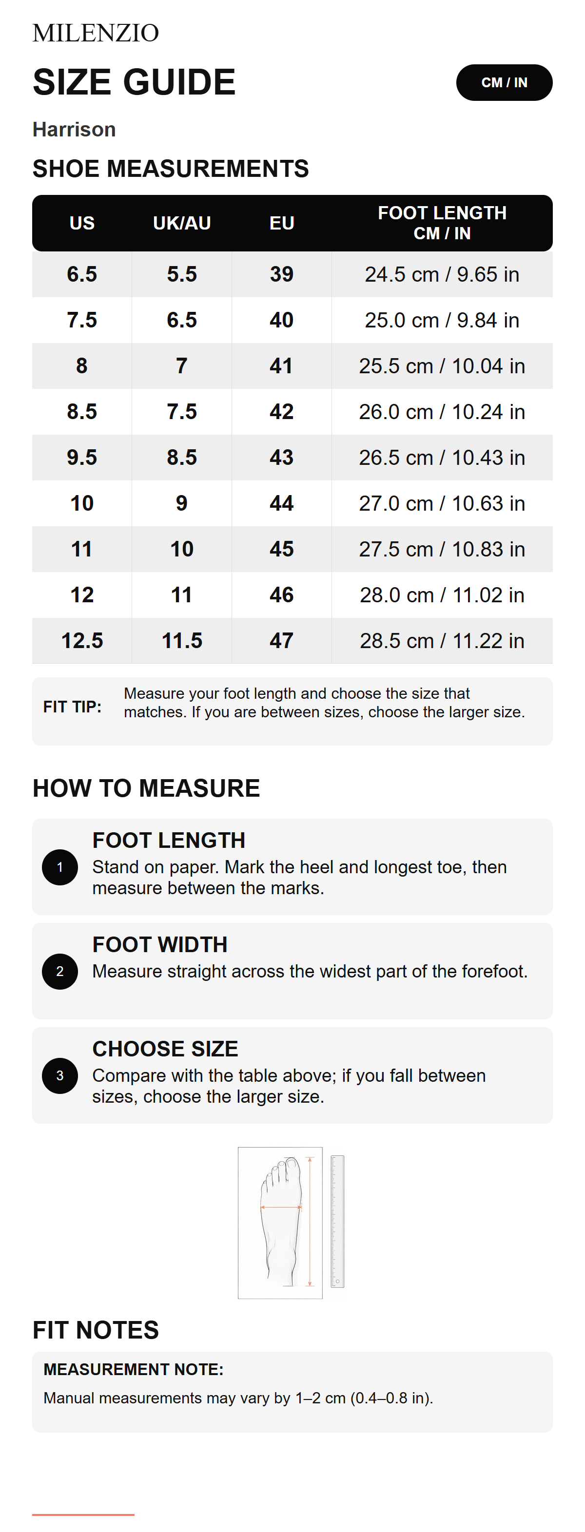 Milenzio Harrison size guide: US, UK, AU, EU and foot length in cm and inches