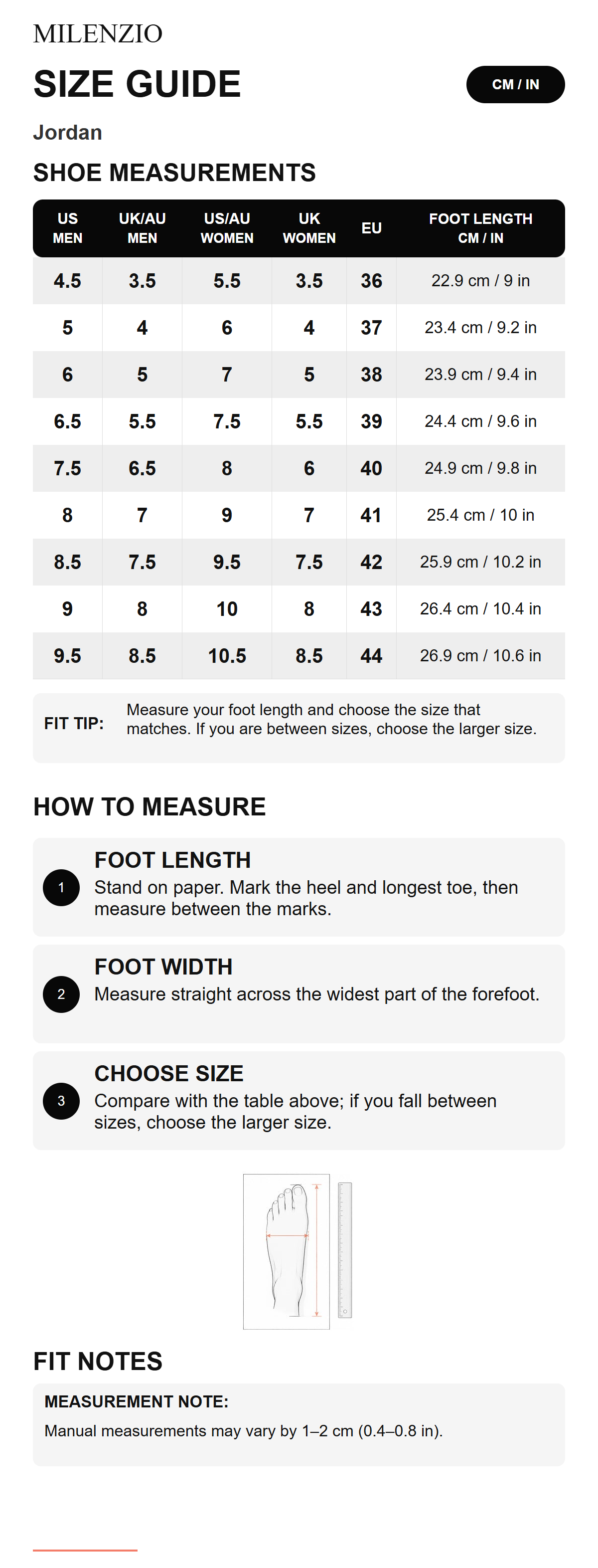 Milenzio Jordan size guide: US, UK, AU, EU and foot length in cm and inches