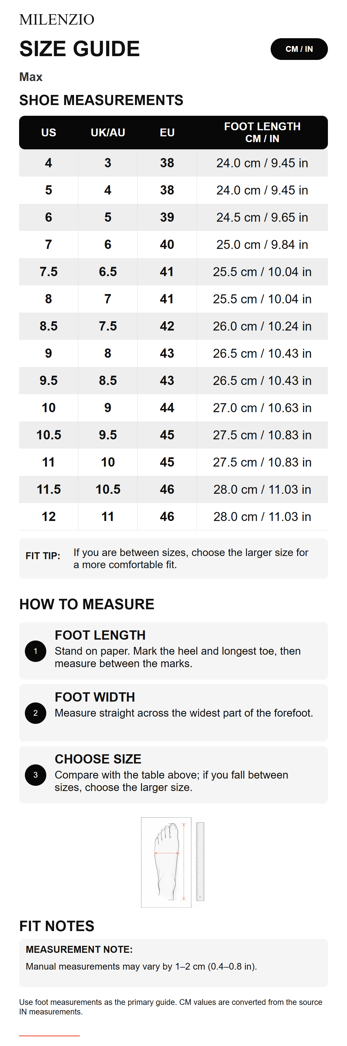 Milenzio Max size guide: US, UK/AU, EU and foot length in cm and inches