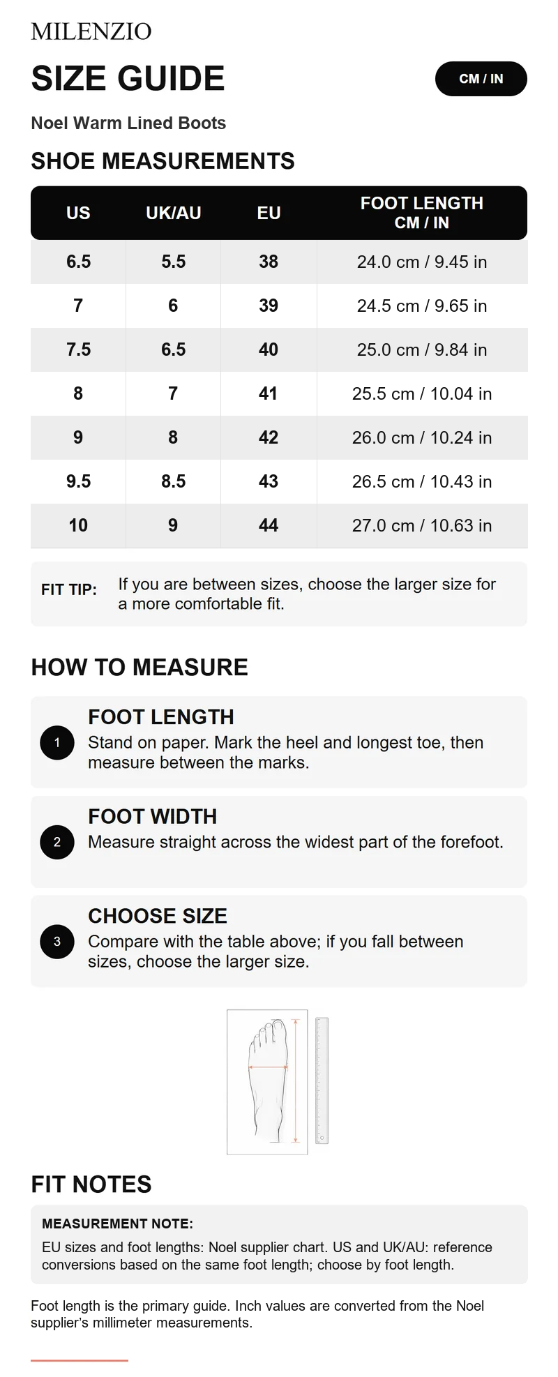 Noel shoe size guide