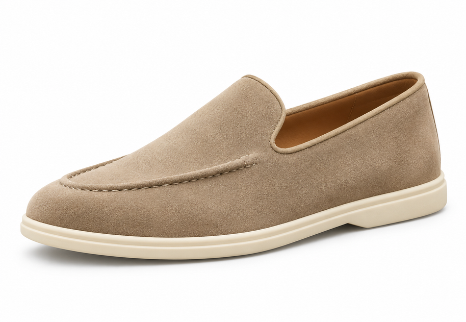 Peyton Beige loafer — single shoe on white, toe left