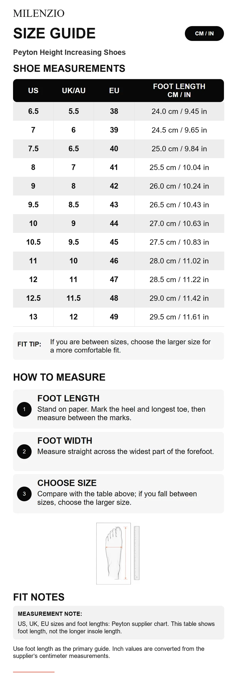 Peyton shoe size guide