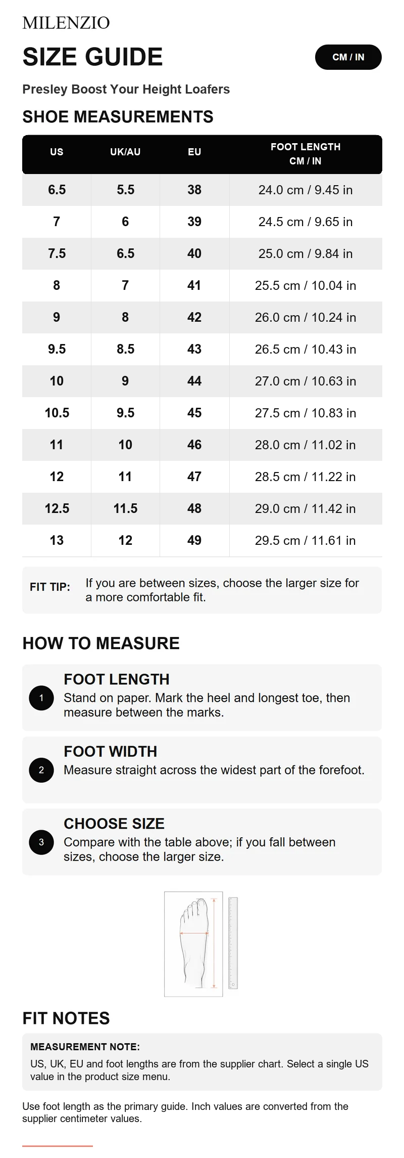Presley size guide