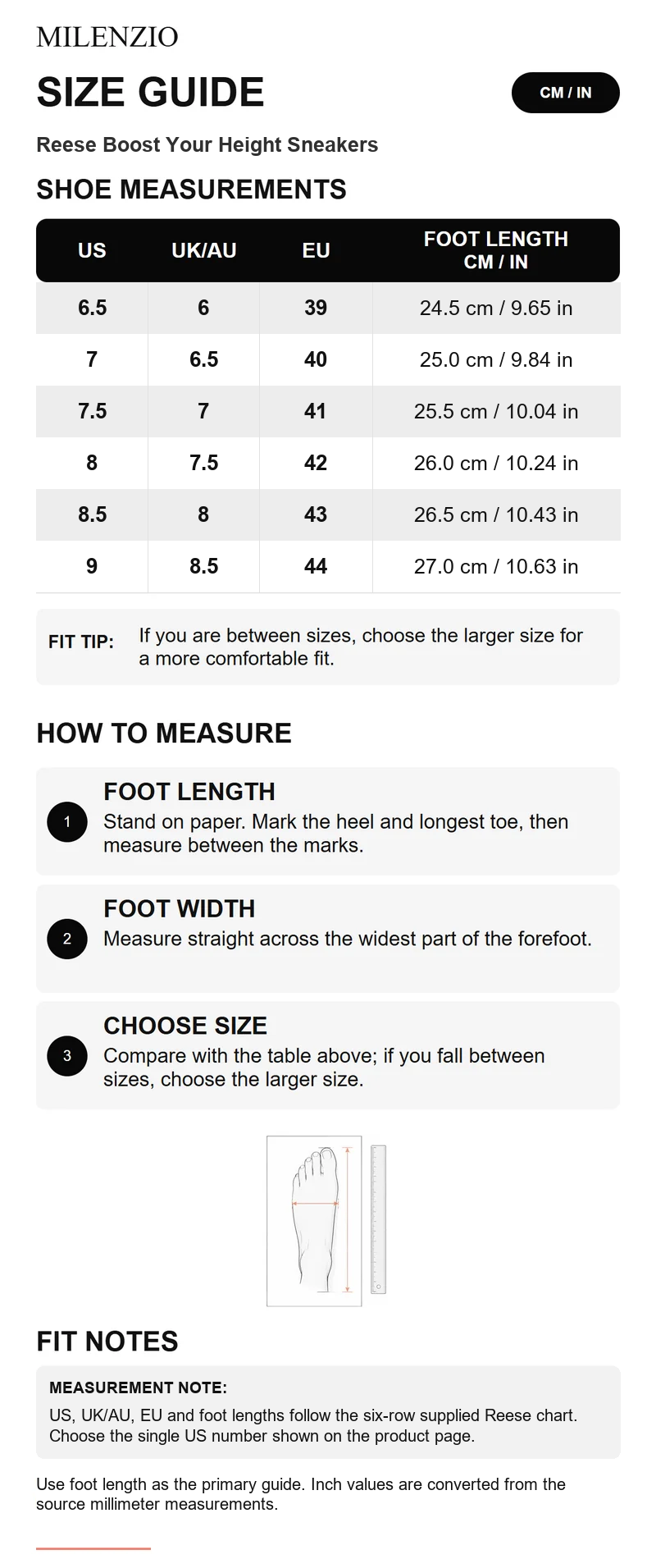 Reese size guide in the established Milenzio portrait template