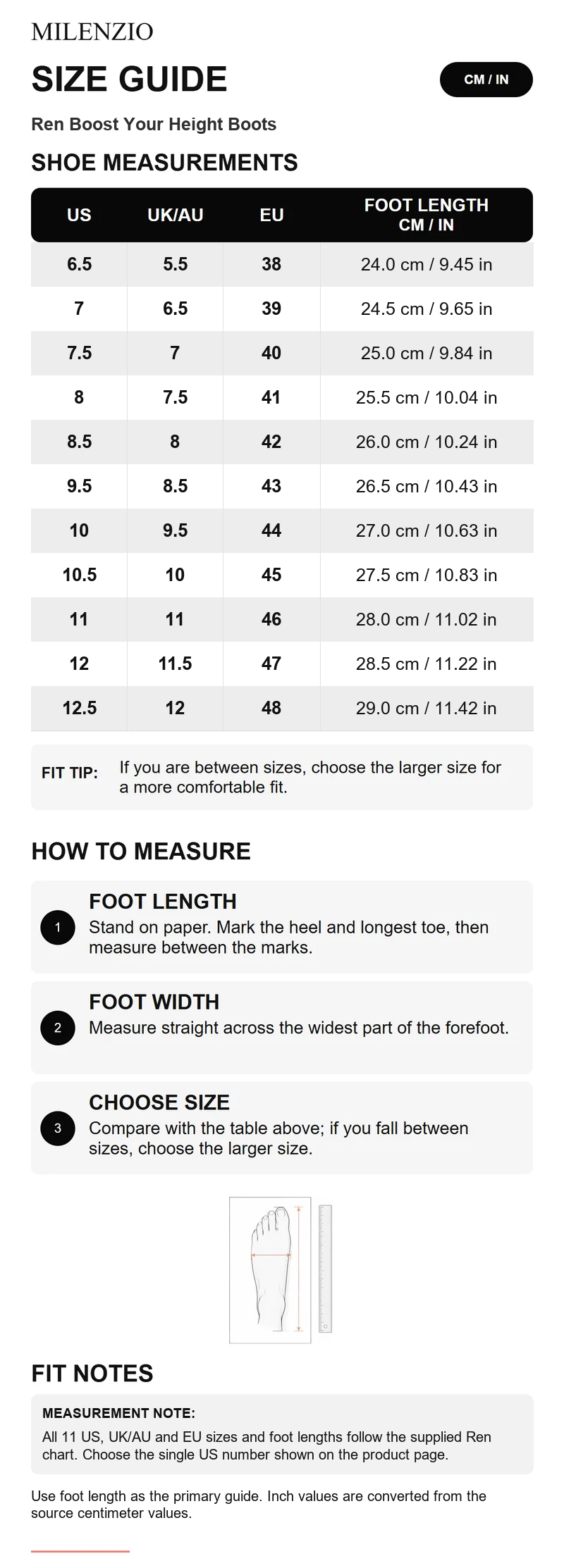 Ren size guide - established Milenzio template with 11 supplier sizes