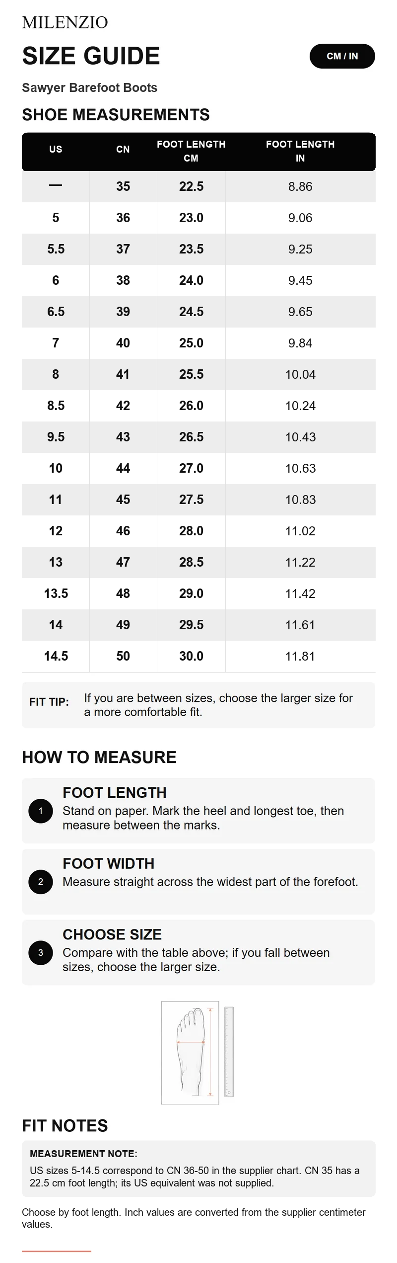 Sawyer size guide corrected US CN foot length