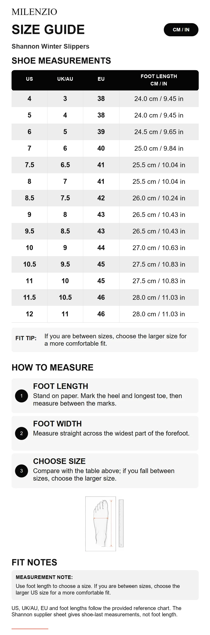 Shannon size guide US UK EU foot length