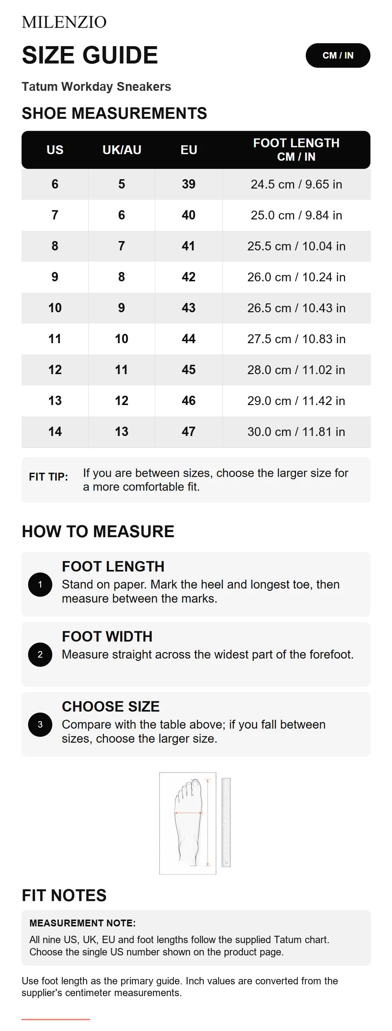 Tatum size guide in Milenzio portrait template