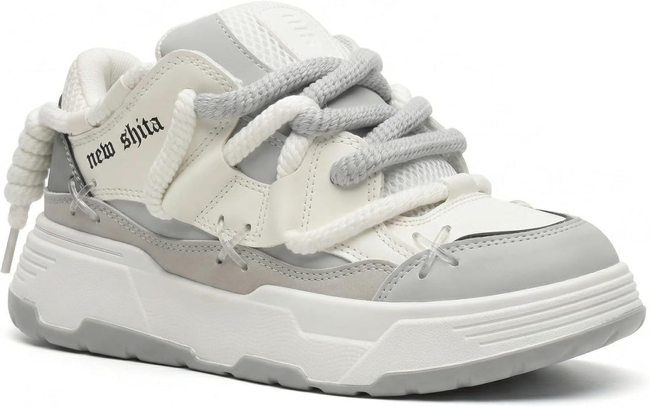 Unisex Chunky Platform Sneakers - White Grey - View 2