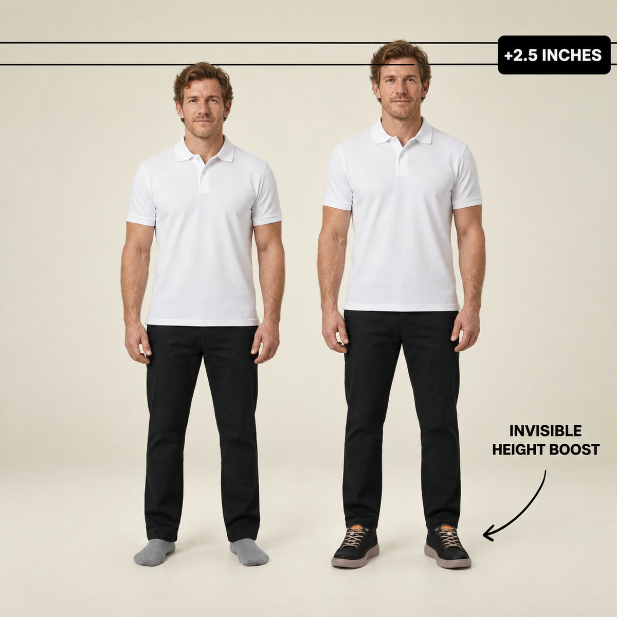 Men's Panelled Elevator Casual Sneakers - Black - height comparison
