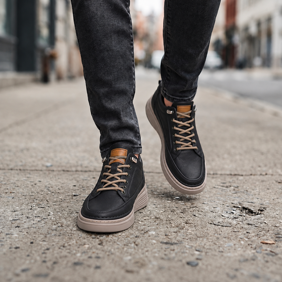 Men's Panelled Elevator Casual Sneakers - Black - street lifestyle