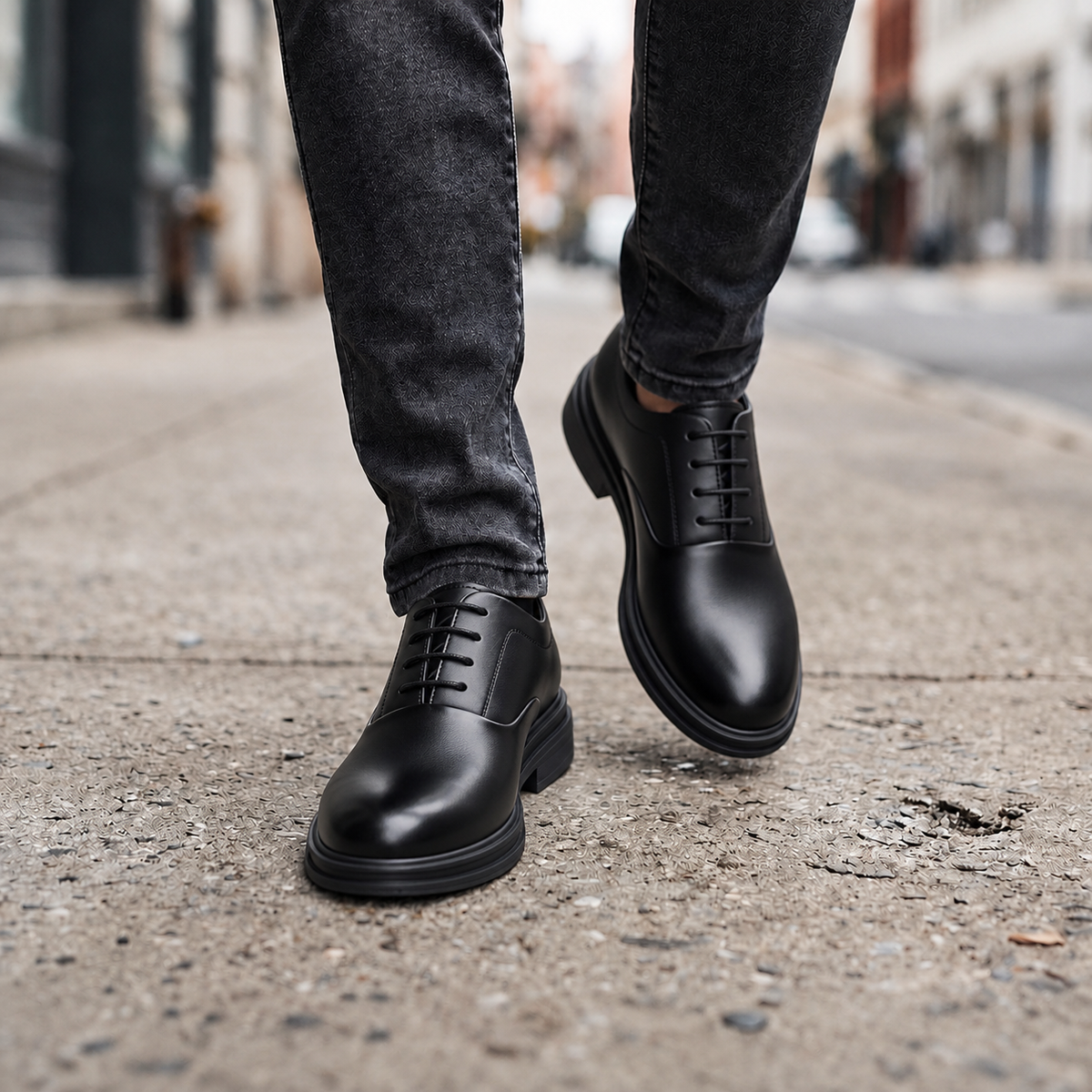 Men's 3-Inch Elevator Oxford Shoes - Black - street lifestyle
