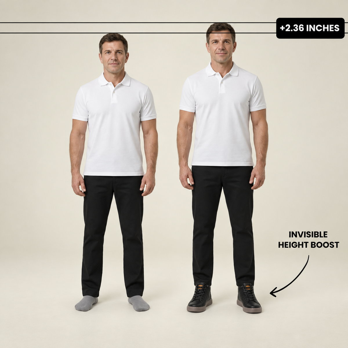 Men's High-Top Elevator Sneakers - Black - height comparison