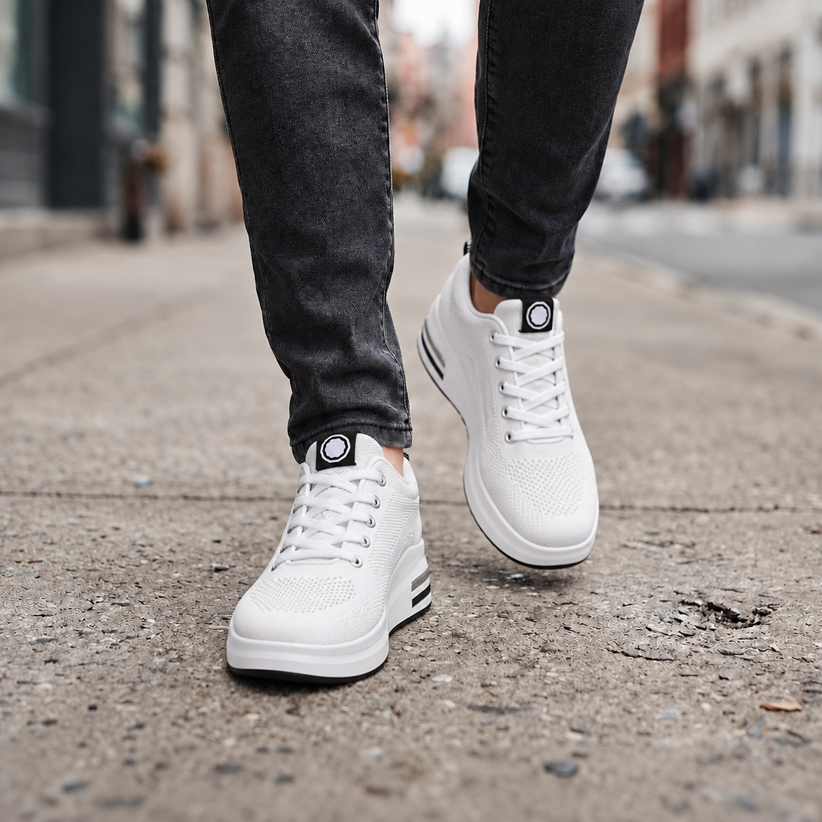 Women's Hidden Wedge Lace-Up Sneakers - White - street lifestyle