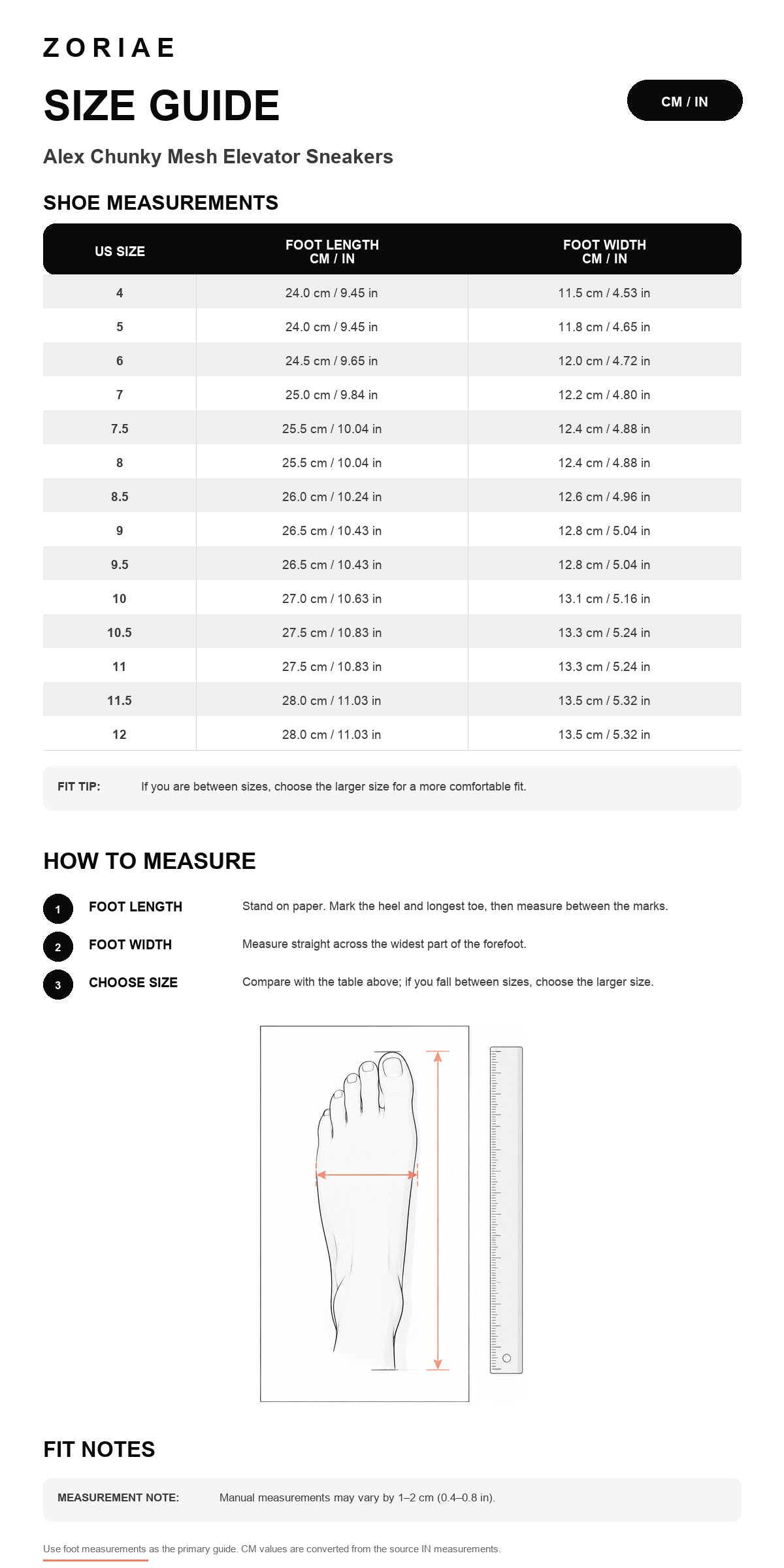 Alex Chunky Mesh Elevator Sneakers Size Chart