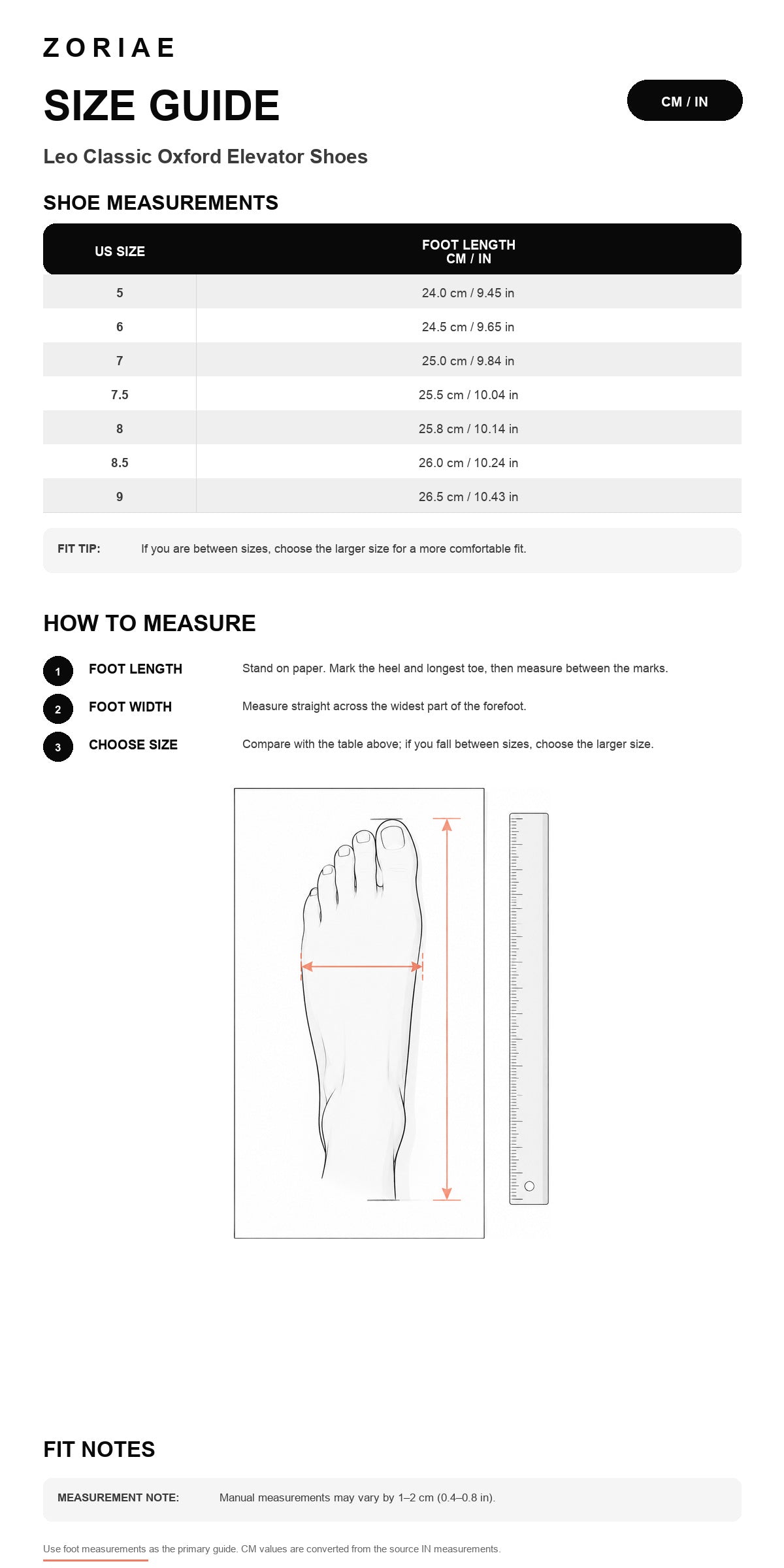 Leo Classic Oxford Elevator Shoes Size Chart