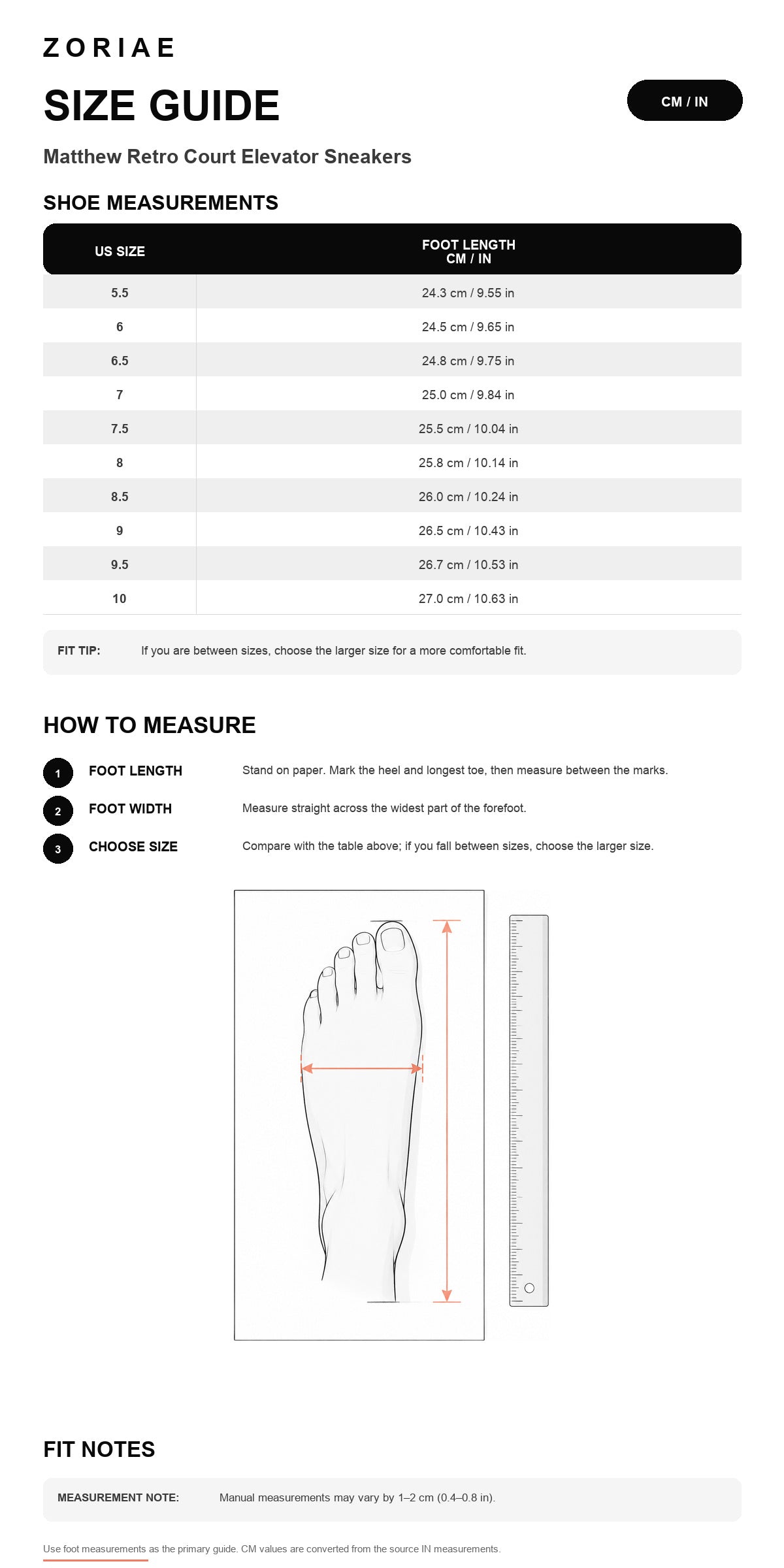 Matthew Retro Court Elevator Sneakers Size Chart