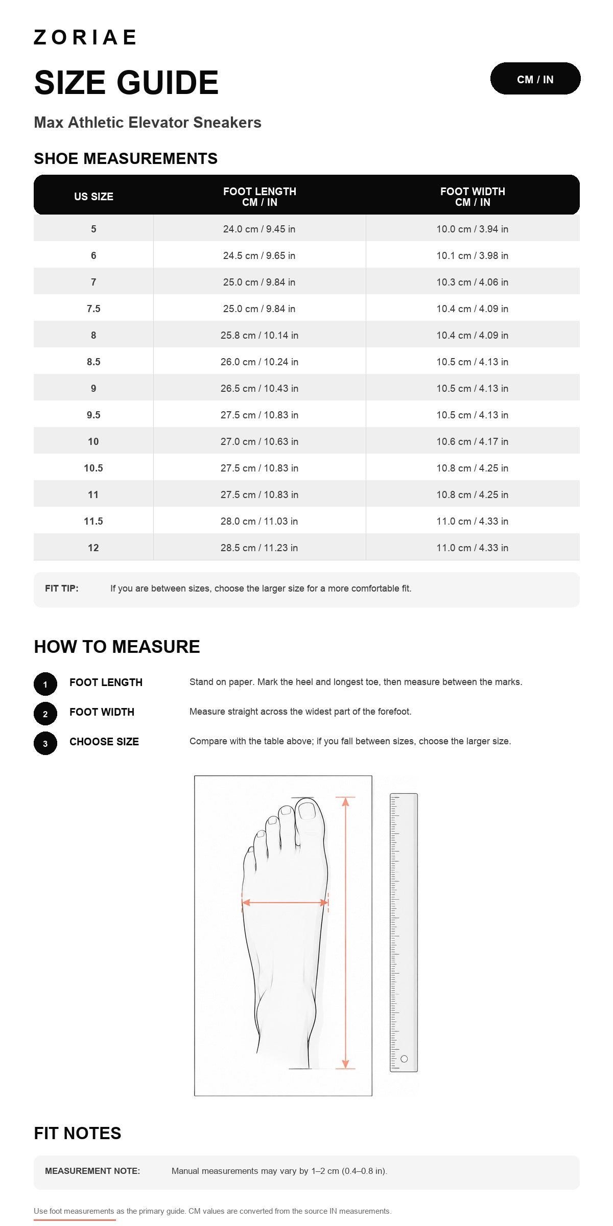 Max Athletic Elevator Sneakers Size Chart